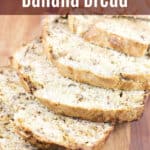 image for sharing on social media of sliced banana bread with text overlay of recipe title
