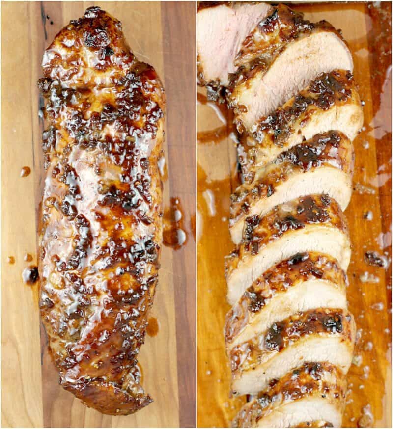 collage of 2 photos: left, cooked pork tenderloin; right, sliced pork tenderloin