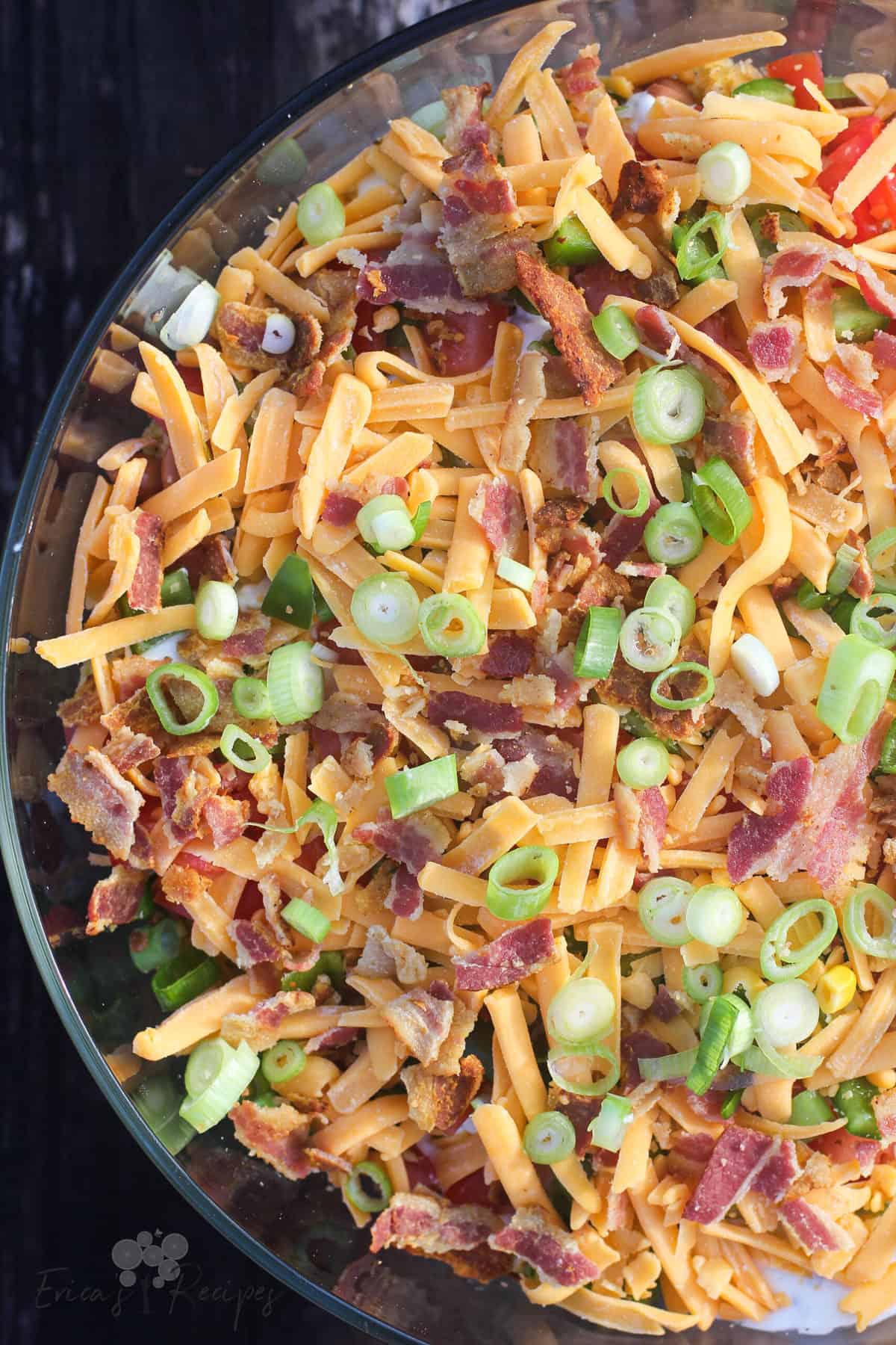 corn bread salad in glass bowl