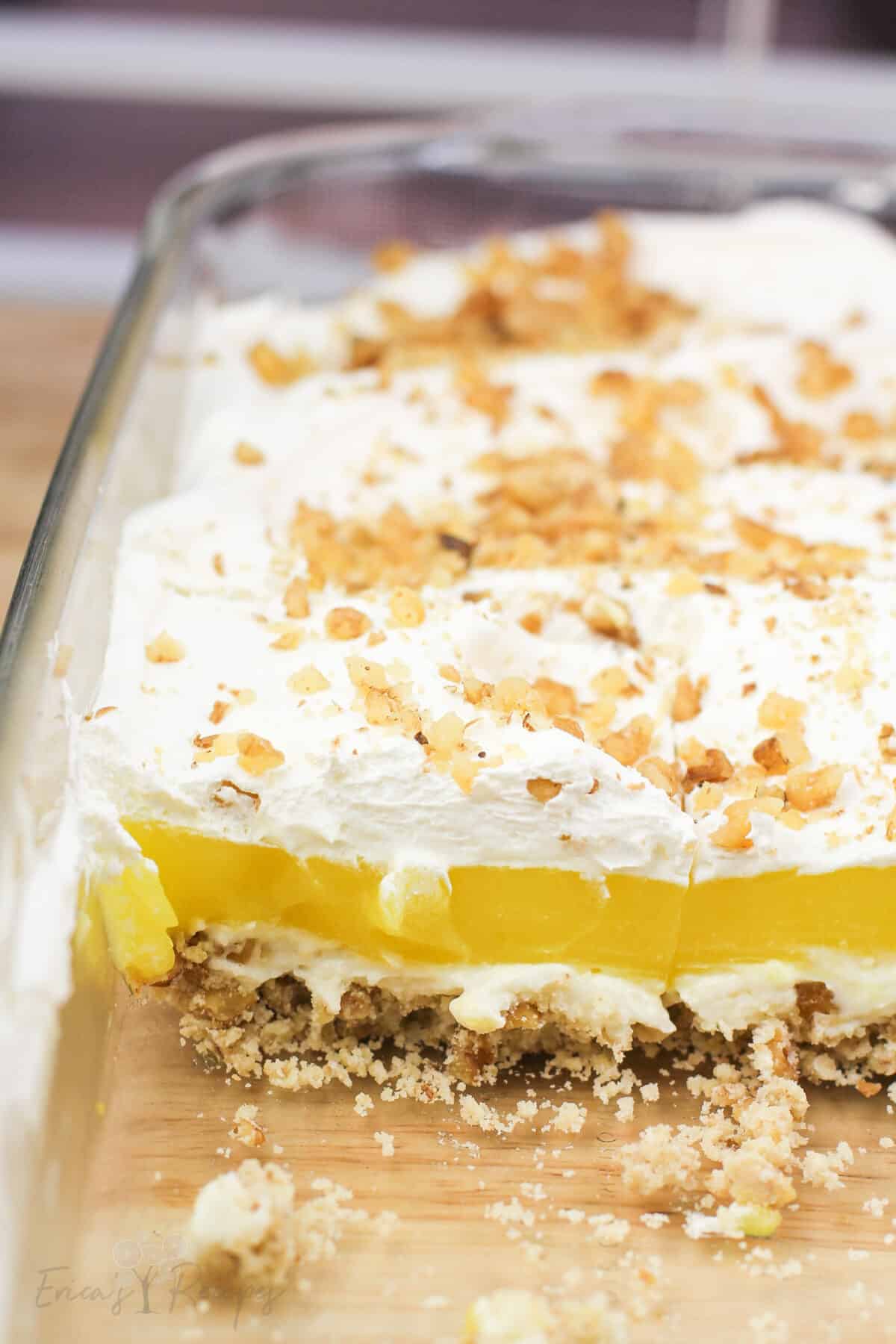 lemon delight in Pyrex bake dish, cross section to show layers