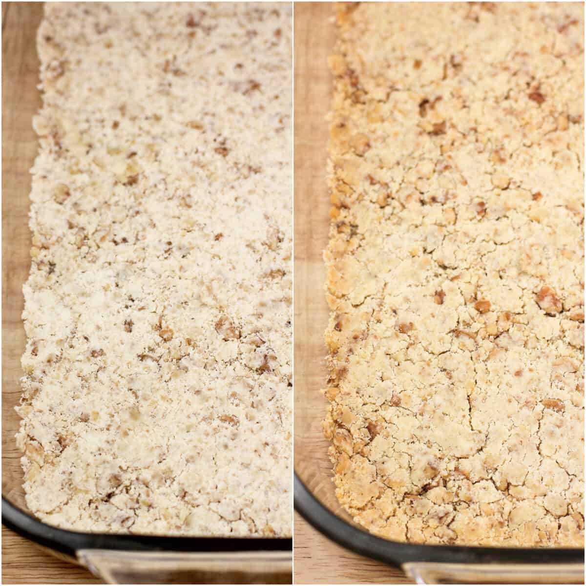 collage of 2 photos showing walnut crust before and after baking