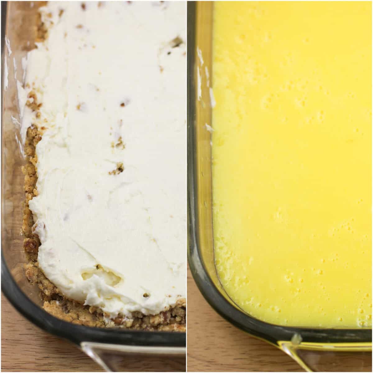 collage of 2 photos showing the cream cheese and lemon pudding layers