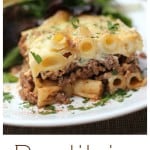 Get ready to dirty some pans, we're making Pastitsio! A Greek food, baked pasta, ground beef casserole, this cozy recipe is comprised of gorgeous layers baked to a creamy, egg-y awesomeness. #greekfood #food #recipe #cozycasserole #comfortfood #cheese #groundbeef #familydinner #casserole