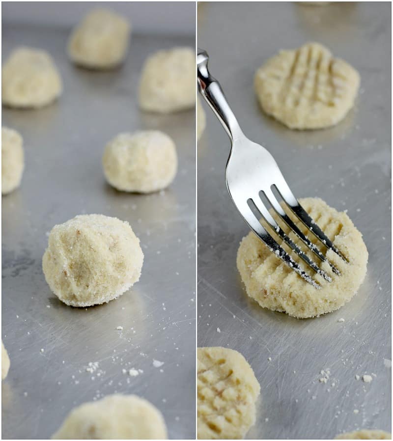 collage of two photos: left, balls of cookie dough coated in sugar on a bake sheet; right; a fork making the criss-cross mark on a ball of dough