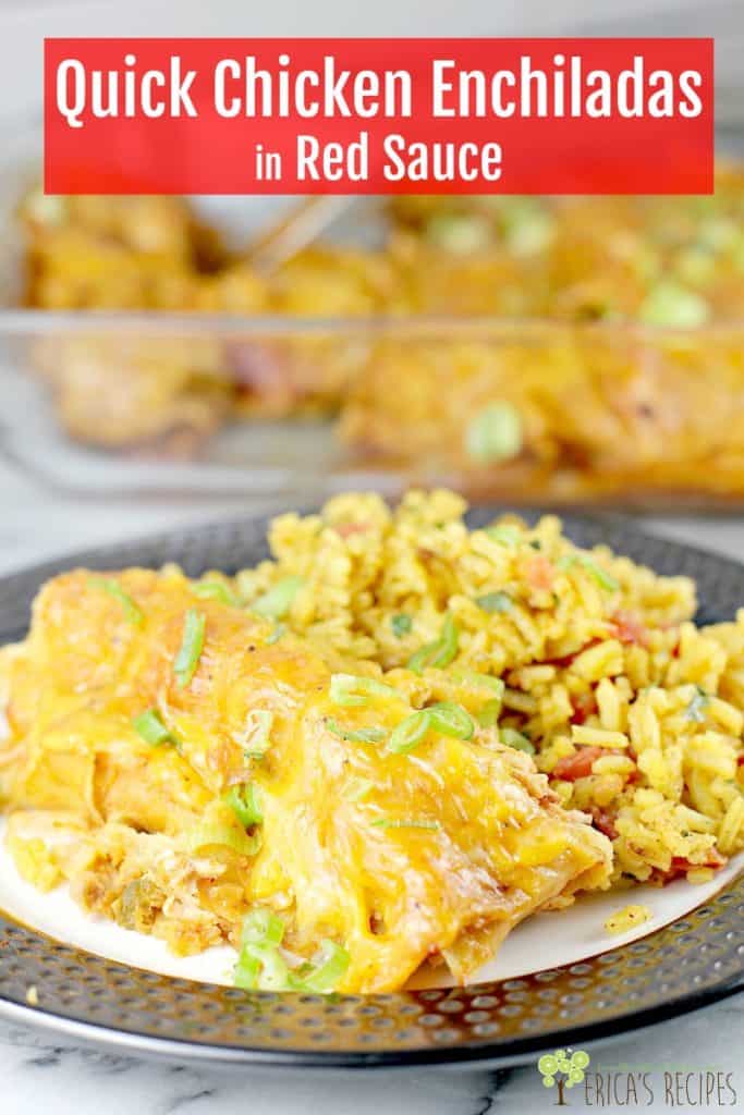 Rotisserie chicken, salsa, enchilada sauce, and loads of cheese are to the rescue in this, the easiest chicken enchilada recipe ever. Quick Chicken Enchiladas let you enjoy this Mexican classic on a weeknight or freeze until ready to bake. Family-pleasing, kid-friendly, cheesy delicious easy chicken enchiladas. #enchiladas #easychickenenchiladas #cheeseenchiladas #food #recipe #Mexicanfood #chickenenchiladarecipe