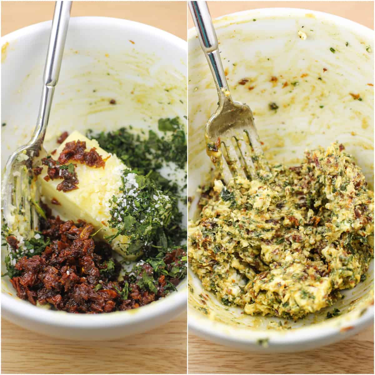 collage of 2 photos: left, ingredients in white bowl with fork; right, ingredients combined