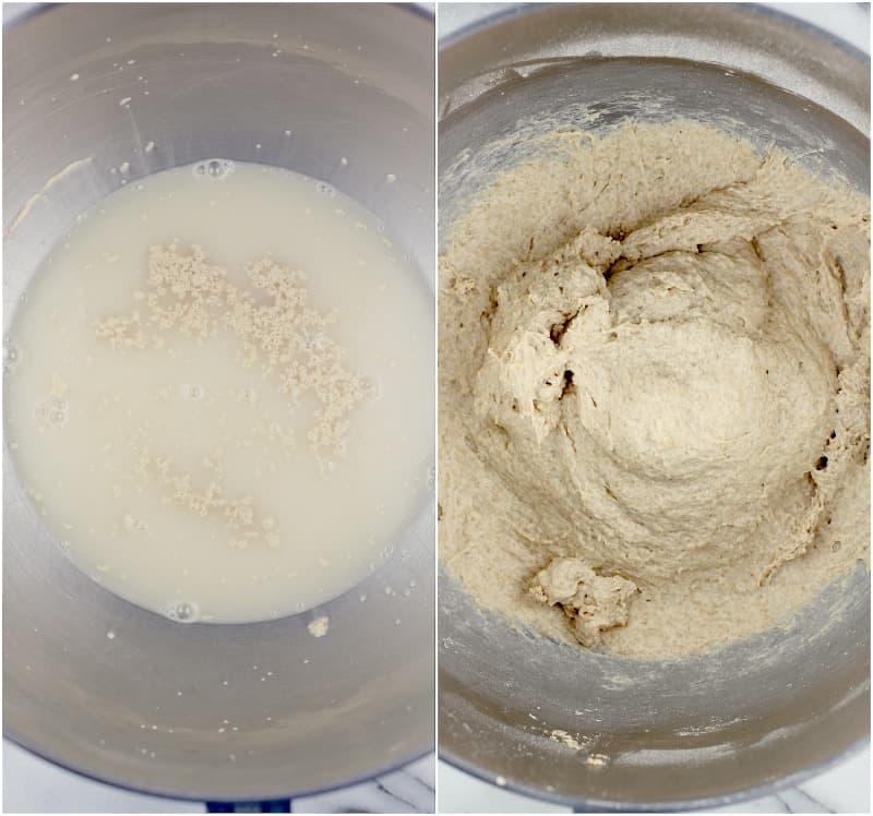 collage of 2 photos showing the preparation for the first rise