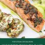 image for pinterest with text overlay recipe title Sundried Tomato Basil Finish Butter for Steak or Salmon