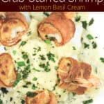 image for pinterest with text overlay of recipe title bacon-wrapped crab-stuffed shrimp with lemon basil cream