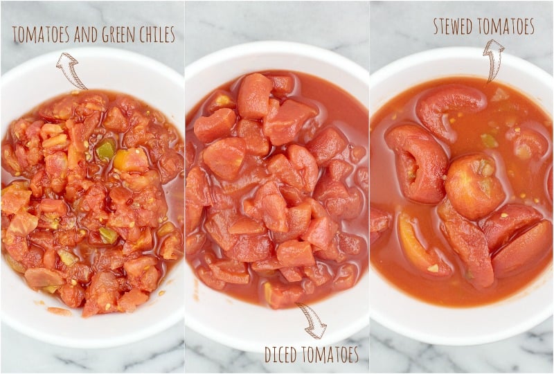 collage showing the different varieties of canned tomatoes, each in a white bowl, top down view