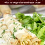 image for pinterest with text overlay Crab-Stuffed Crepes