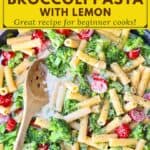 image for pinterest with text overlay recipe title Creamy Arugula and Broccoli Pasta with Lemon