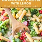 image for pinterest with text overlay recipe title Creamy Arugula and Broccoli Pasta with Lemon