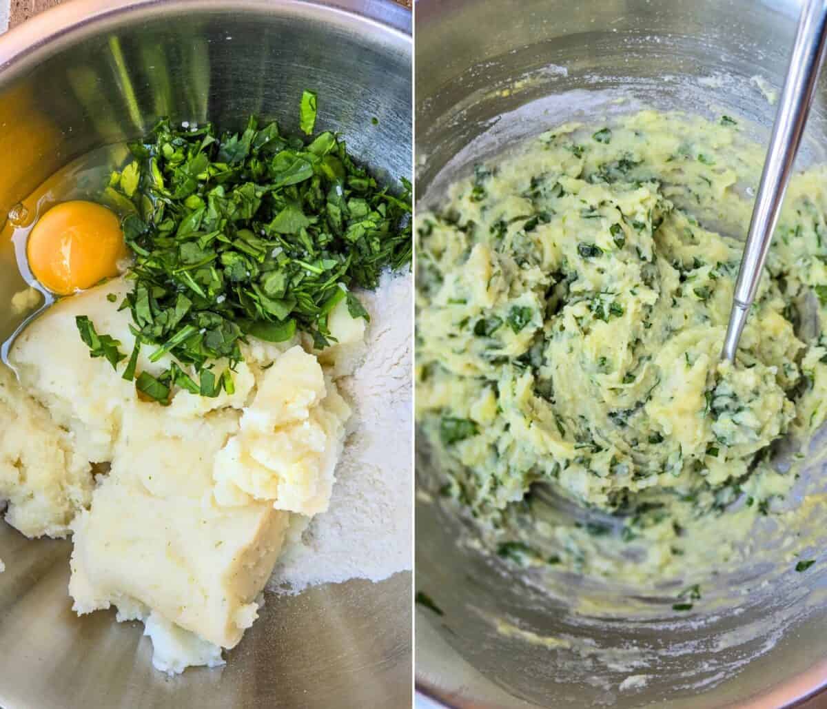collage of 2 photos: left, unmixed ingredients; right, mixed ingredients for form the batter