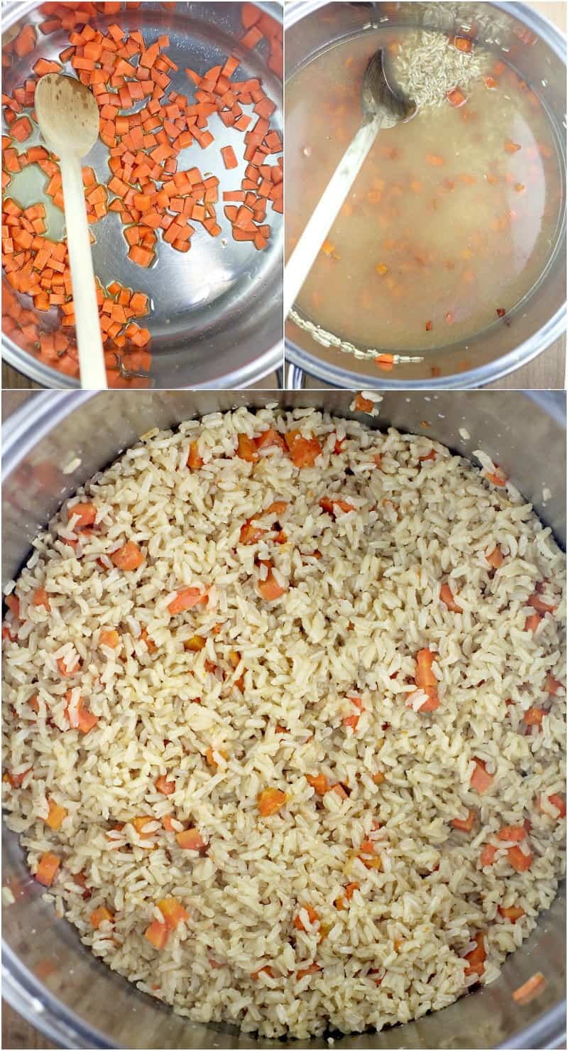 collage of 3 photos: top left, carrot in pot with olive oil and wood spoon; top right, stock added to carrot in pot; bottom, cooked brown rice in pot with carrot