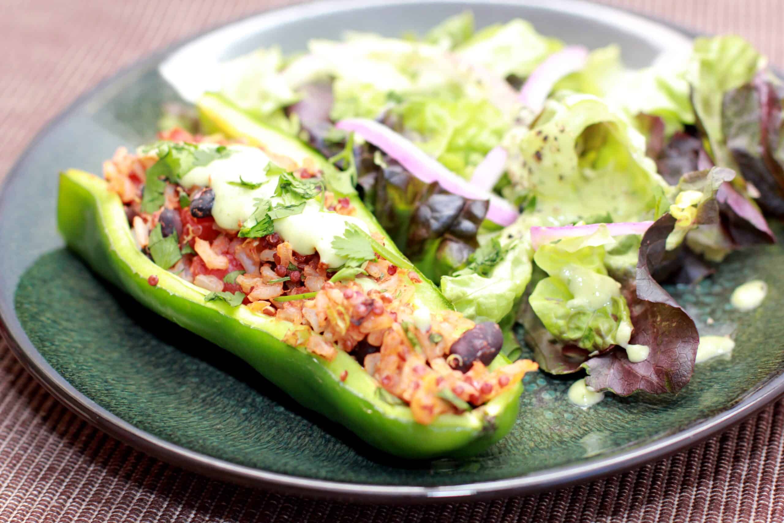 Poblano Peppers Stuffed with Brown Rice, Quinoa, and Black Beans