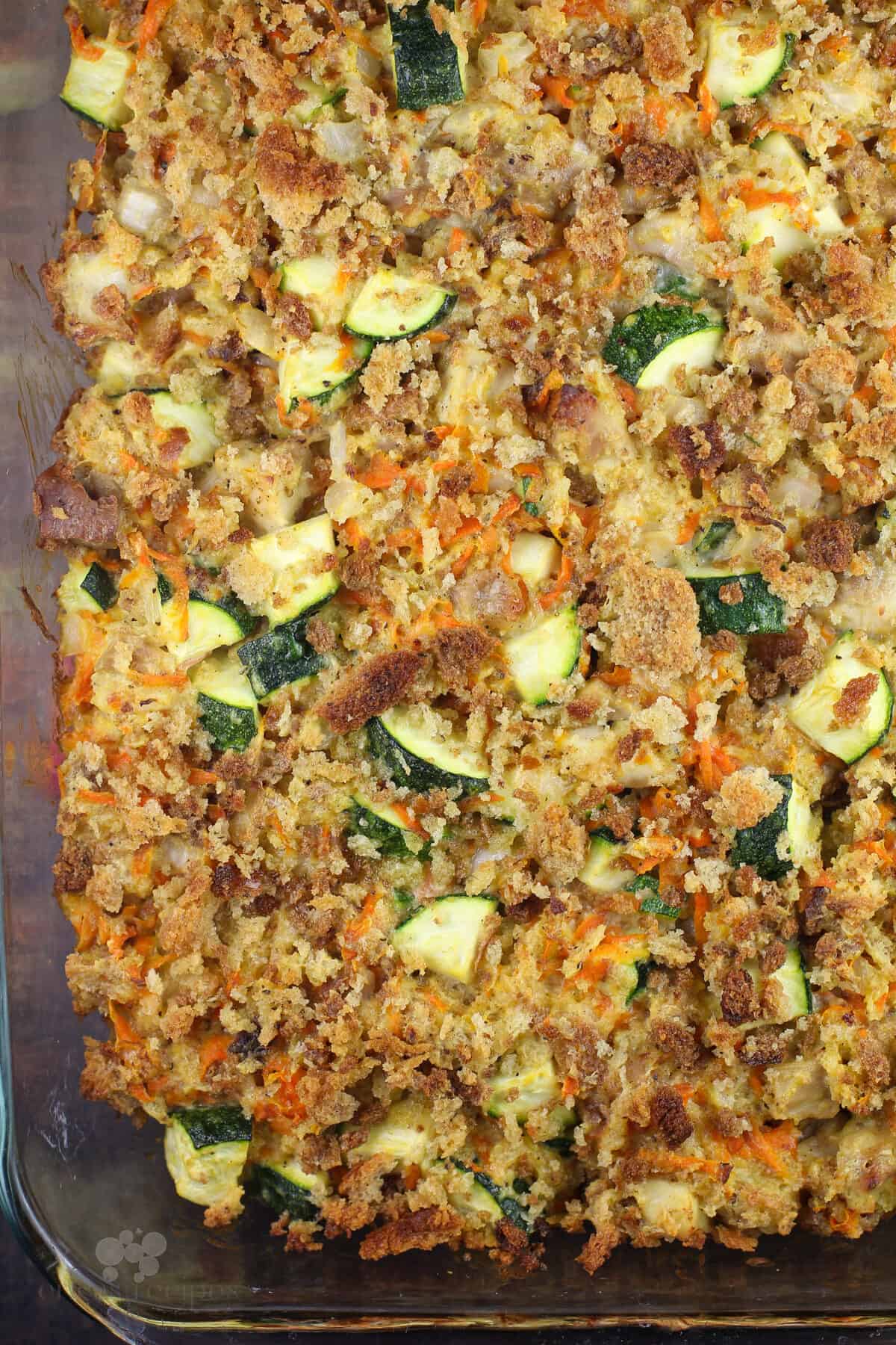 close top down view of cooked casserole