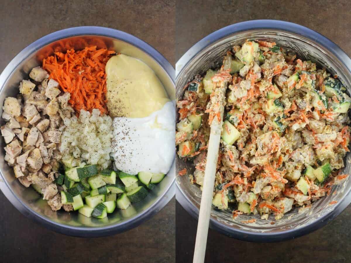 collage of 2 photos: left, casserole ingredients in metal bowl; right, ingredients combined in metal bowl