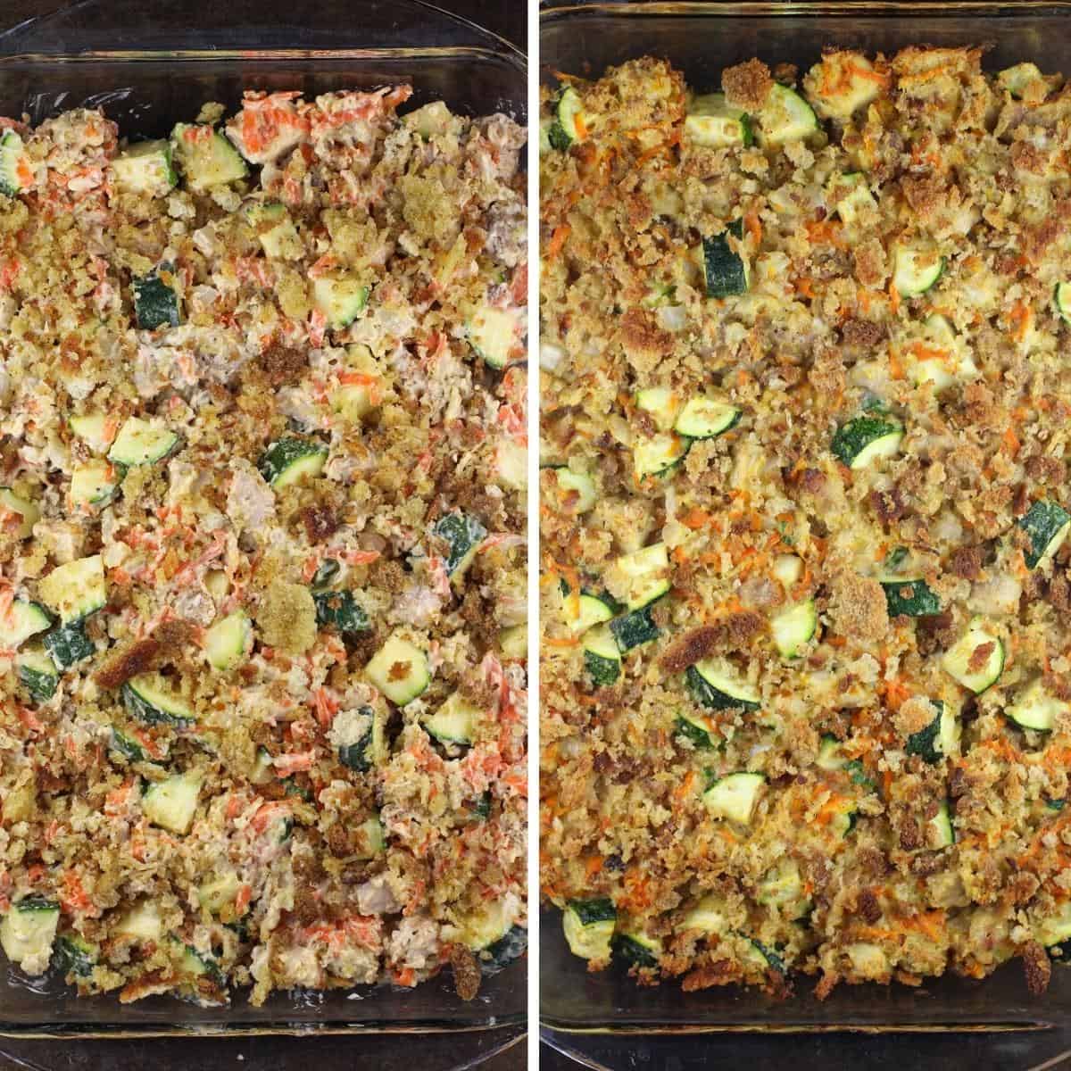 collage of 2 photos: uncooked and cooked casserole in clear bake dish