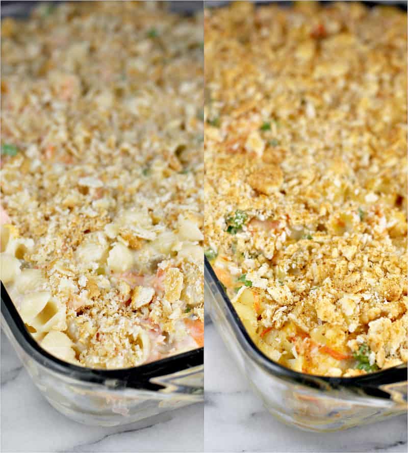 collage showing prepared casserole, topped with crackers, before and after cooking to show the golden top after cooking