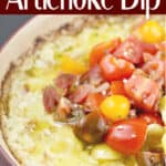 image for pinterest with text overlay Baked Green Chili Artichoke Dip