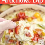 image for pinterest with text overlay Baked Green Chili Artichoke Dip