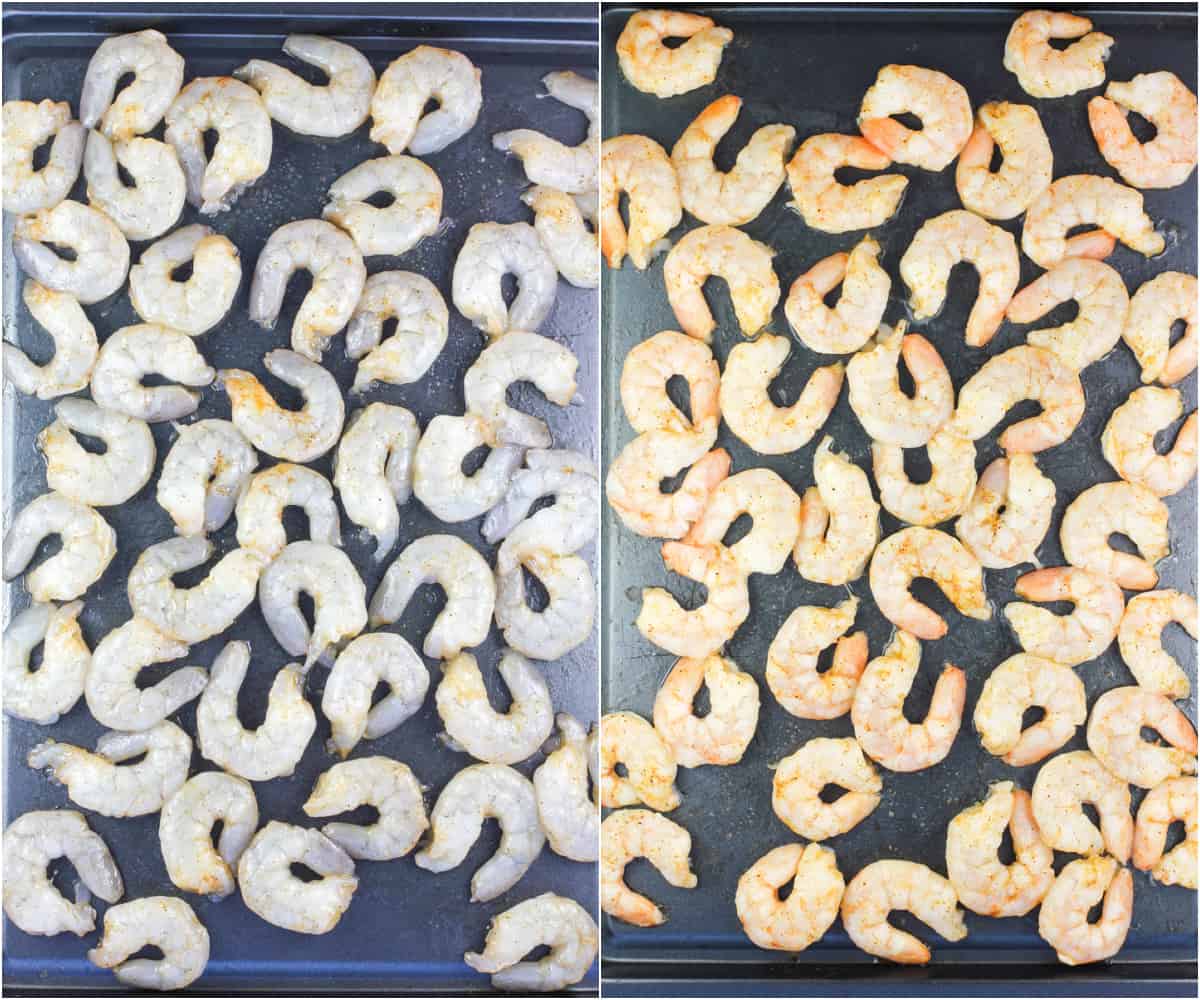 collage of 2 photos: left, uncooked shrimp on bake sheet; right, cooked shrimp on bake sheet