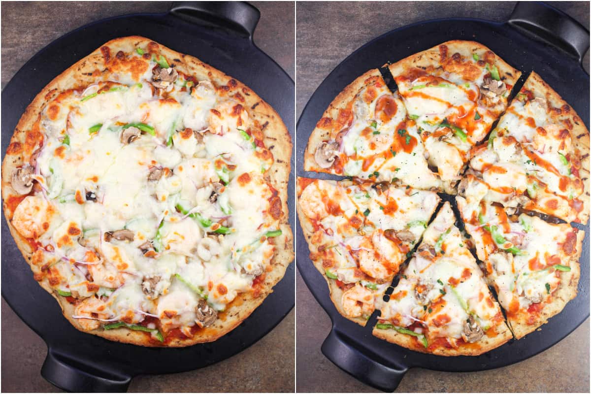 collage of 2 photos: left, cooked pizza on black pizza stone; right, cooked pizza sliced into serving slices
