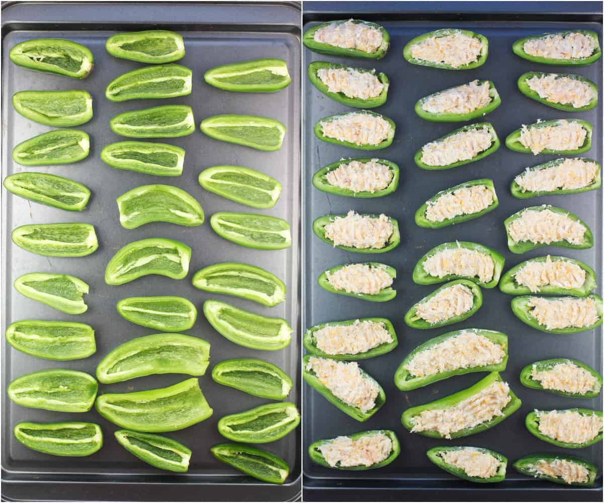 collage of 2 photos: left, prepared jalapeno shells on bake sheet; right, jalapenos filled with shrimp dip