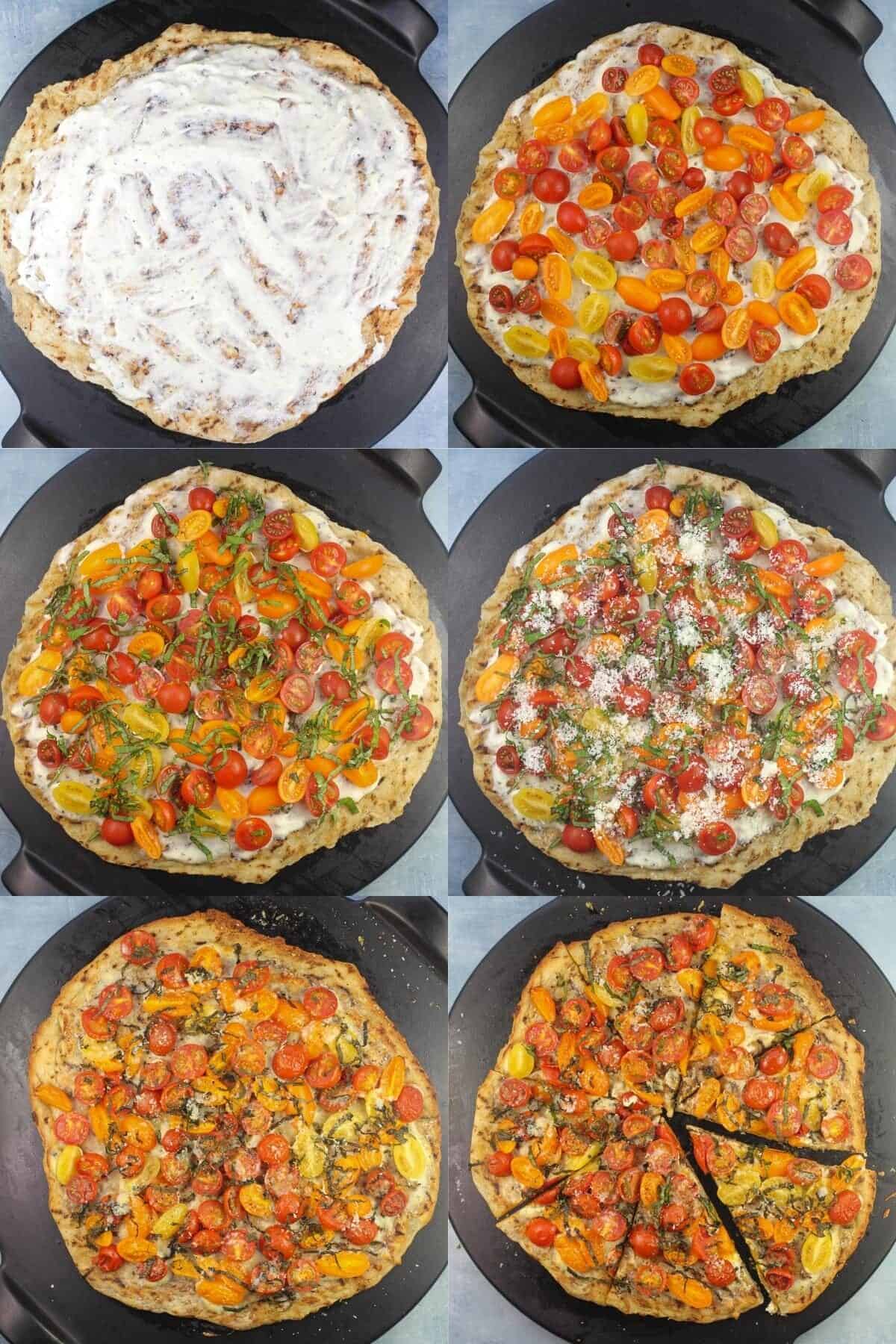 collage of 6 photos showing process of adding toppings on pizza crust