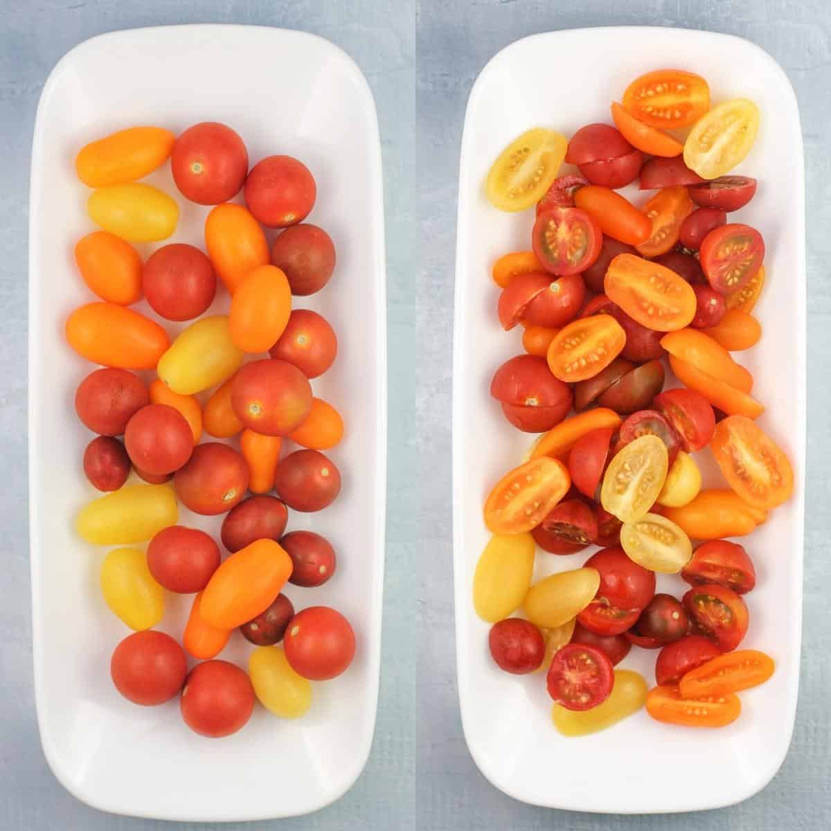 collage of 2 photos: whole and halved tomatoes in white dish