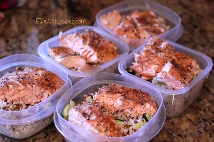 Baked Salmon with Brown Rice, Red Quinoa, and Zucchini