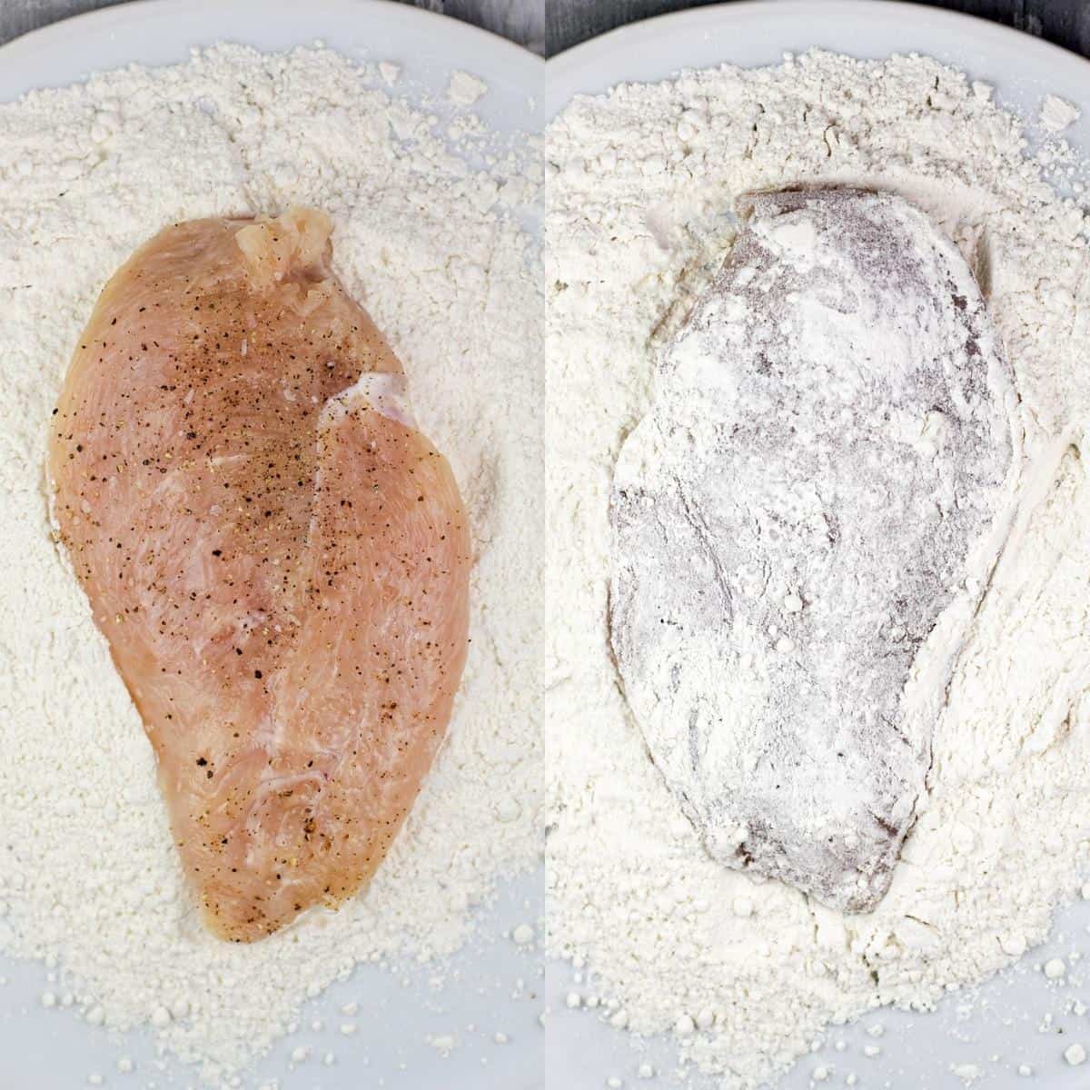 collage of 2 photos showing chicken dredged in flour