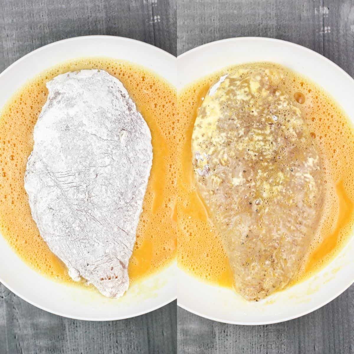 collage of 2 photos showing chicken in egg wash