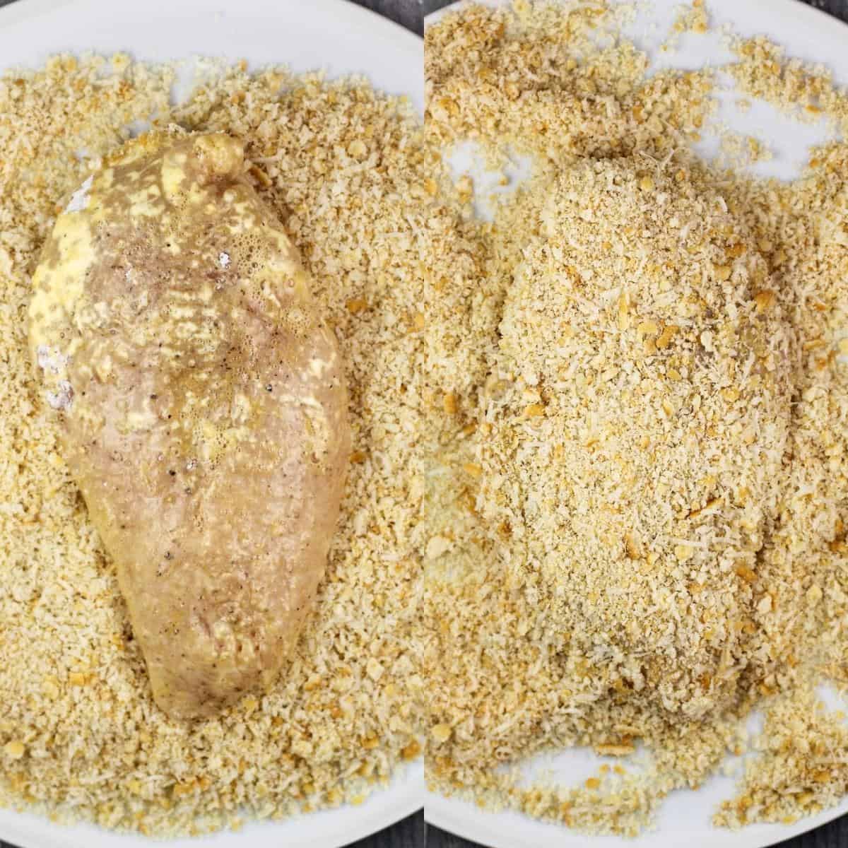 collage of 2 photos showing chicken in cracker crumb mixture