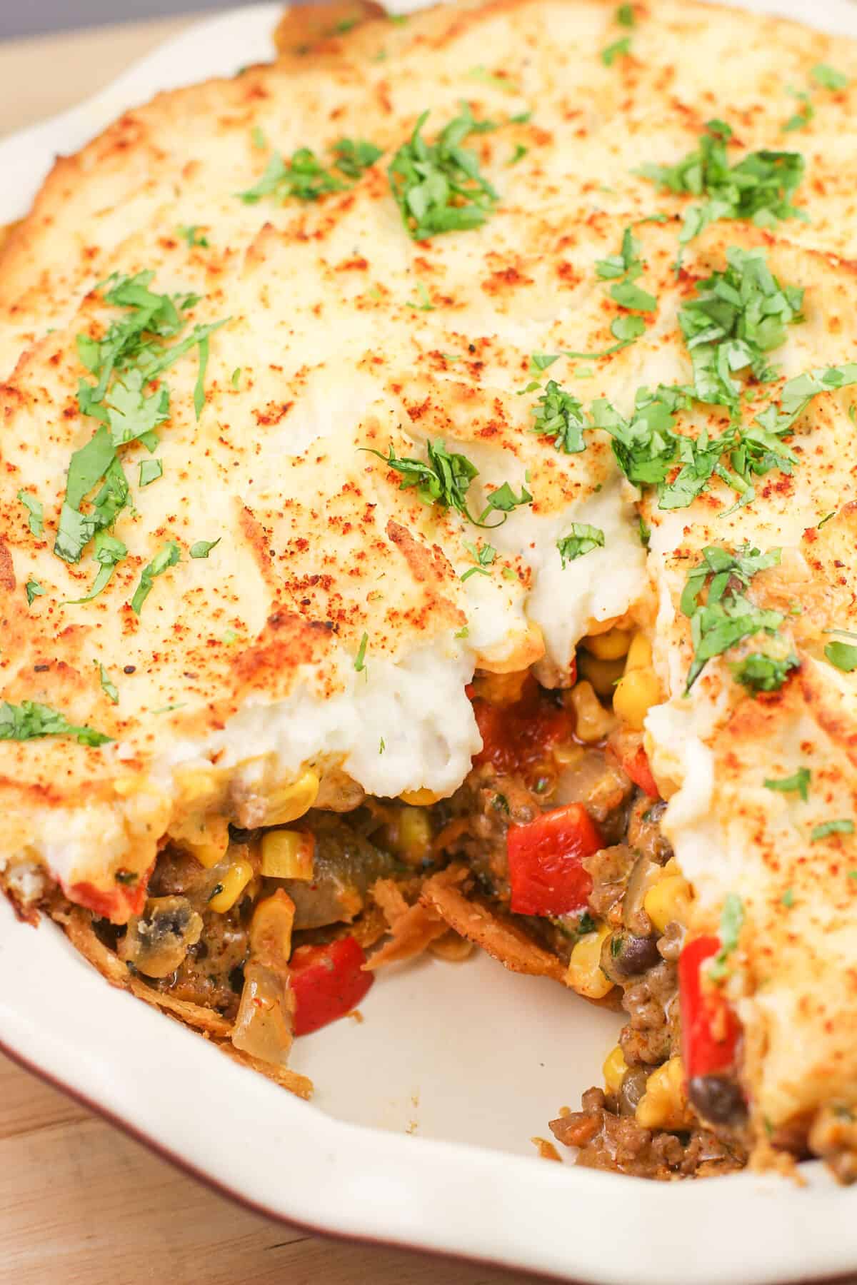 mexican shepherd's pie, side view with portion removed to show layers