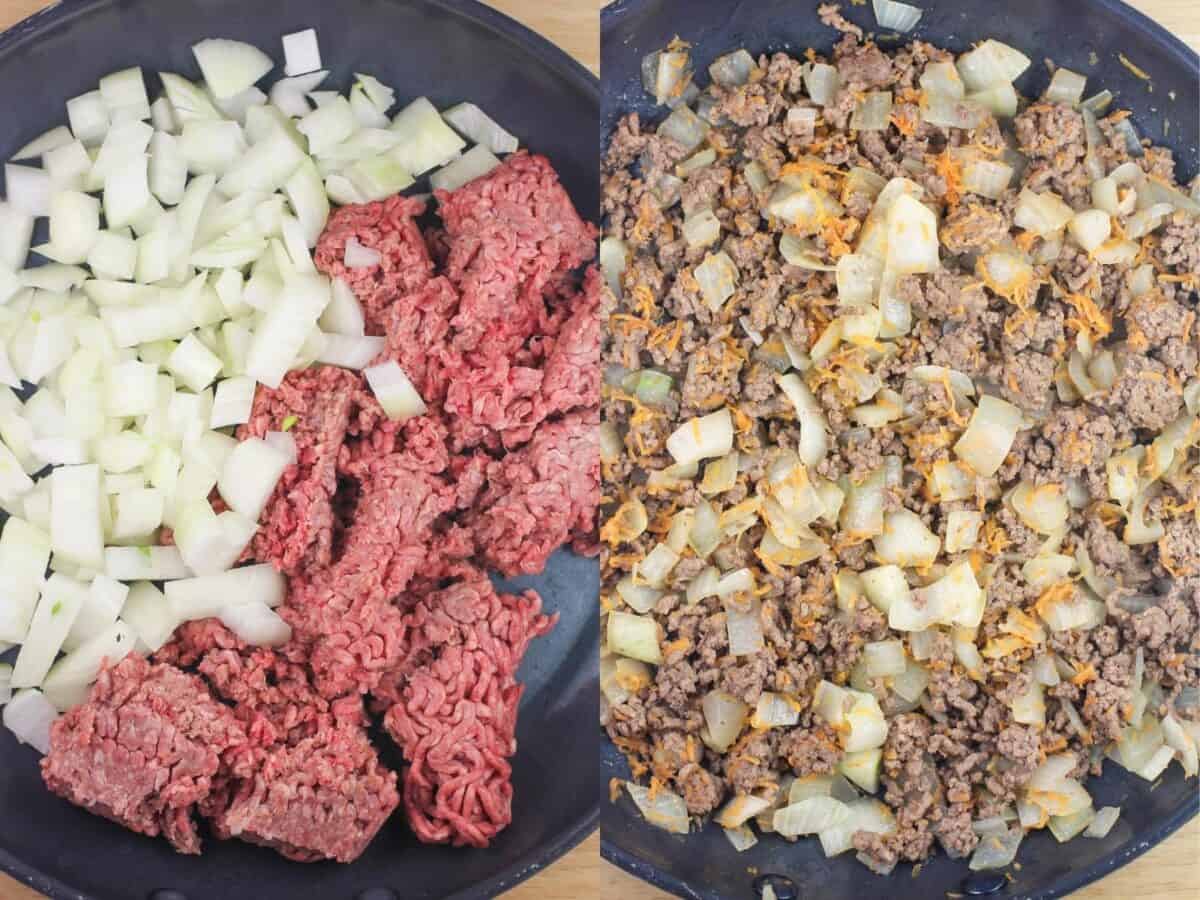 collage of 2 photos: meat and onion uncooked in skillet; cooked meat, onion, and carrot in skillet