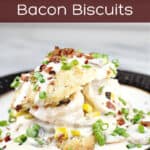 image for pinterest of finished recipe with text overlay Shrimp Gravy over Cheddar Bay Bacon Biscuits