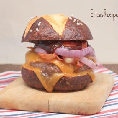 BBQ Bacon Double Cheeseburgers on Homemade Pretzel Buns | EricasRecipes.com