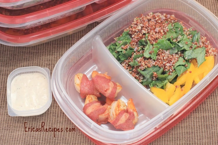 Bacon-Wrapped Shrimp with Kale and Quinoa Salad and Buttermilk-Parmesan-Peppercorn Dressing