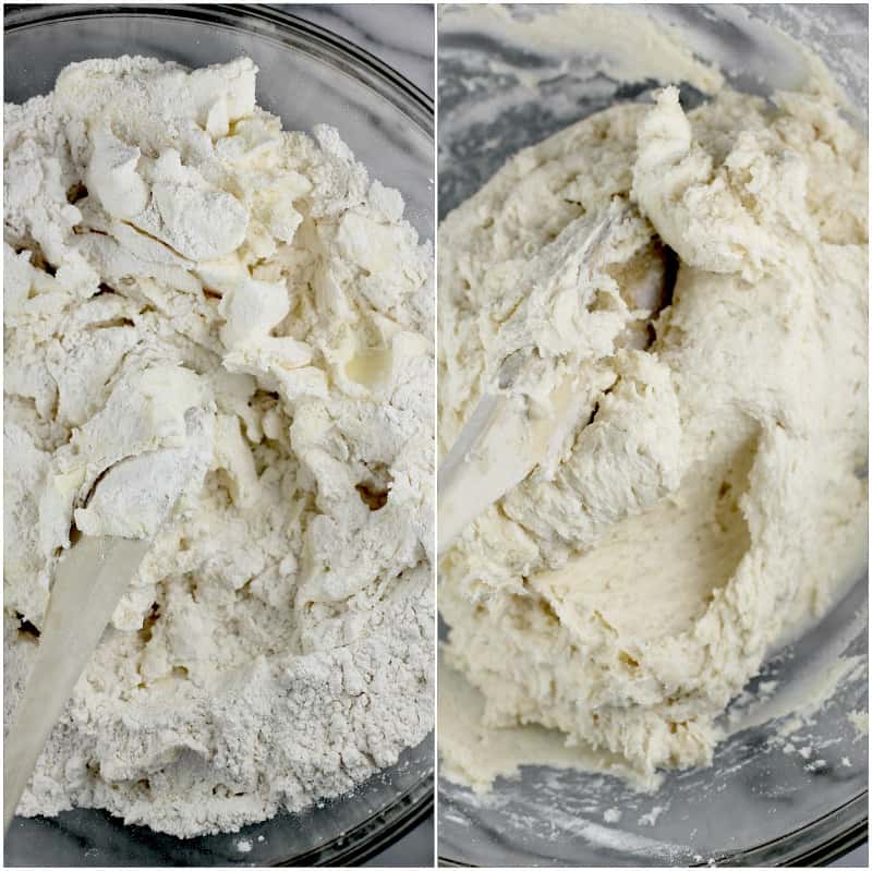 collage of 2 photos to show making the cream cheese cookie dough: left is just starting to mix the ingredients in a glass bowl with a wooden spoon; right is the combined ingredients
