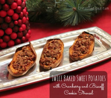 Twice Baked Sweet Potatoes with Cranberry and Biscoff Cookie Streusel