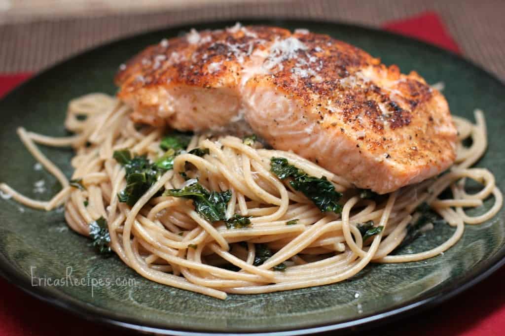 Seared Salmon over Whole Wheat Pasta with Kale, Garlic, and Pine Nuts
