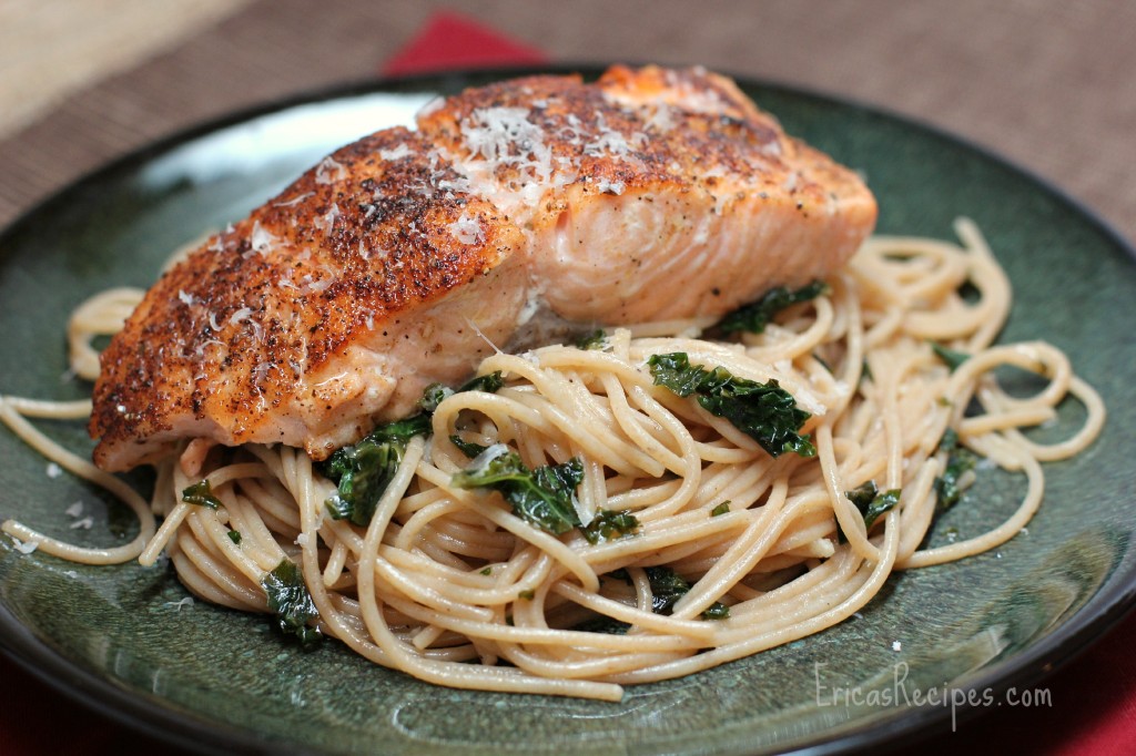 Seared Salmon over Whole Wheat Pasta with Kale, Garlic, and Pine Nuts