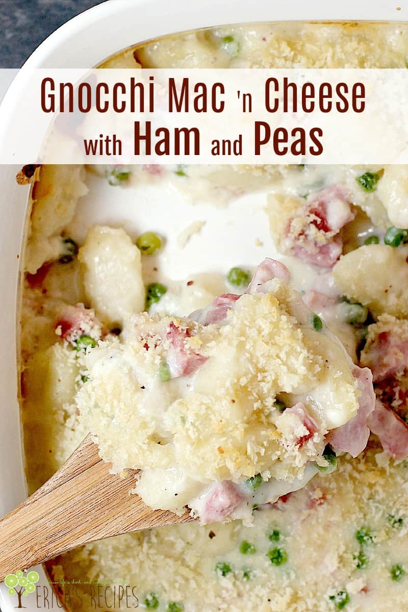 With cheesy potato dumplings and sweet peas, t​his cozy Gnocchi Mac 'N Cheese with Ham and Peas casserole is a perfect way to use up leftover holiday ham.​ #food #recipe #macaroniandcheese #macncheese #gnocchi #dinner #cheese