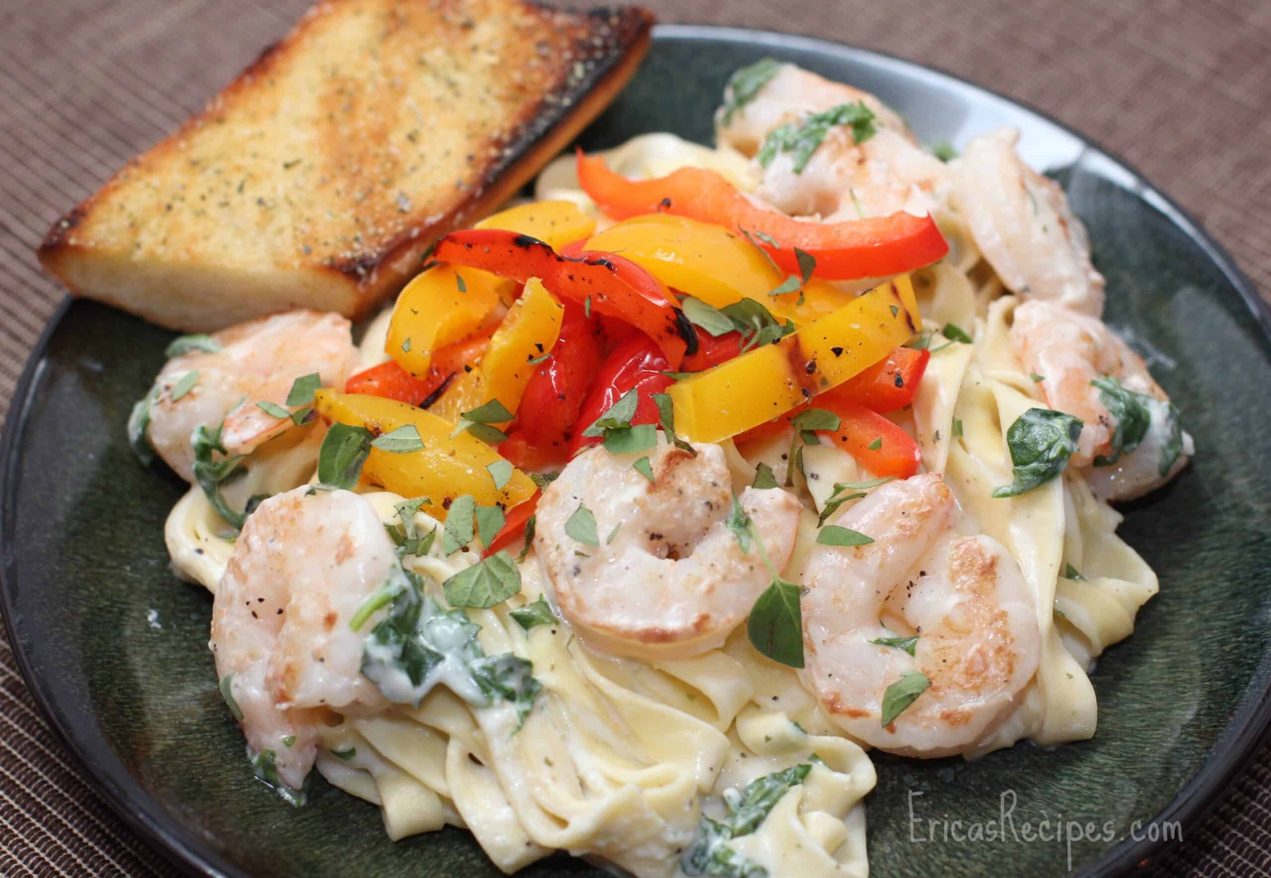 Boursin Sauce Fettuccini with Shrimp and Grilled Bell Peppers