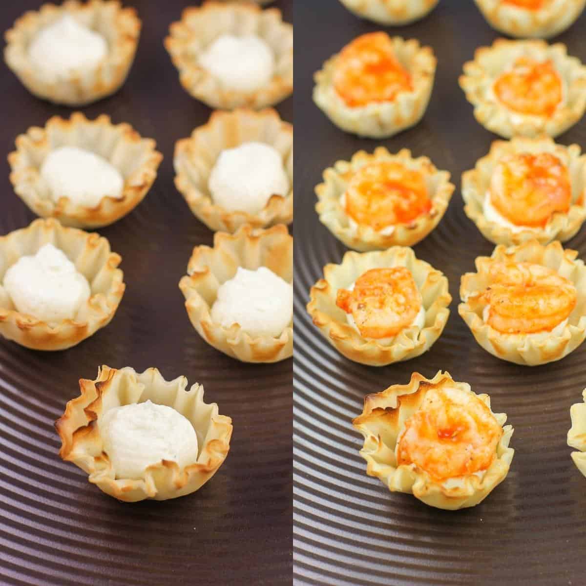 collage of 2 photos: left, phyllo shells with cream cheese layer; right, topped with buffalo shrimp