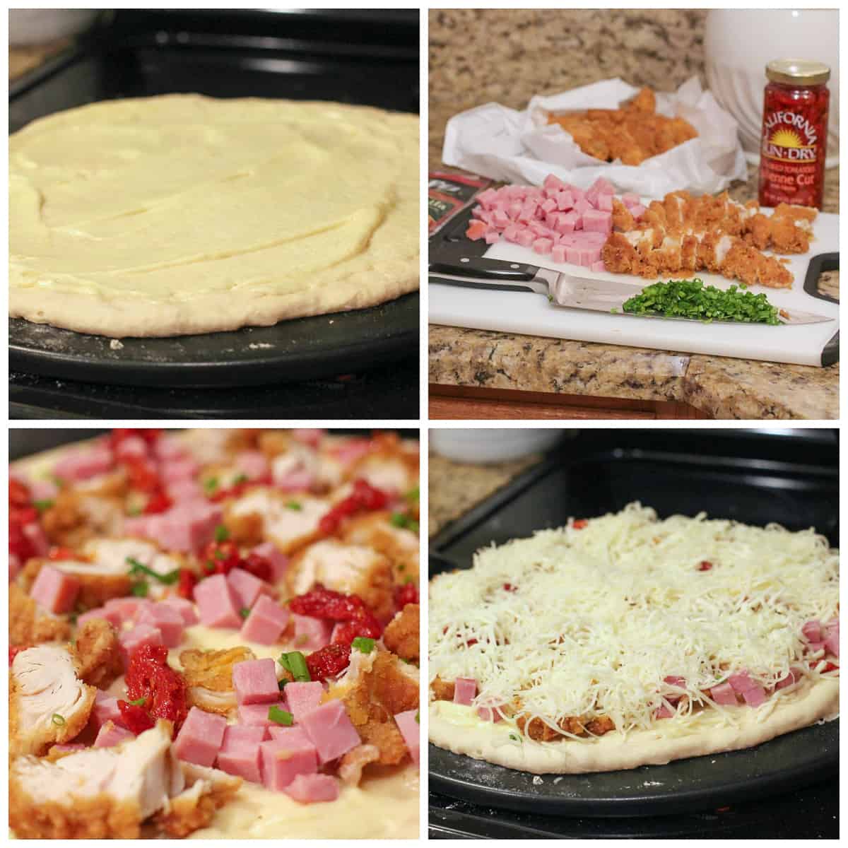 collage of 4 photos (clockwise):  creamy pizza sauce spread on prepared pizza dough; assembled pizza topping ingredients; toppings on pizza dough; cheeses layered over toppings