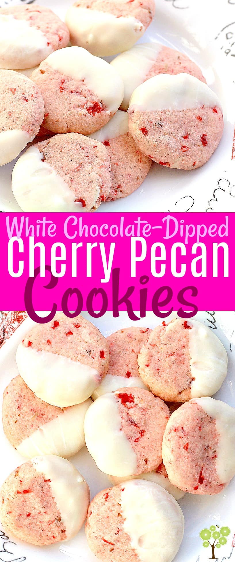 White Chocolate-Dipped, Cherry Pecan Cookies #cookies #food #recipe #pink 