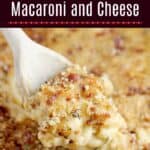 pin image: side view of a wooden spoon scooping up a bit of the beer mac and cheese